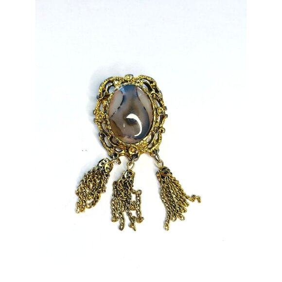 Vintage Gold Filigree Brooch With Agate-Style Stone & Dangling Chains Ornate Des - Picture 1 of 7